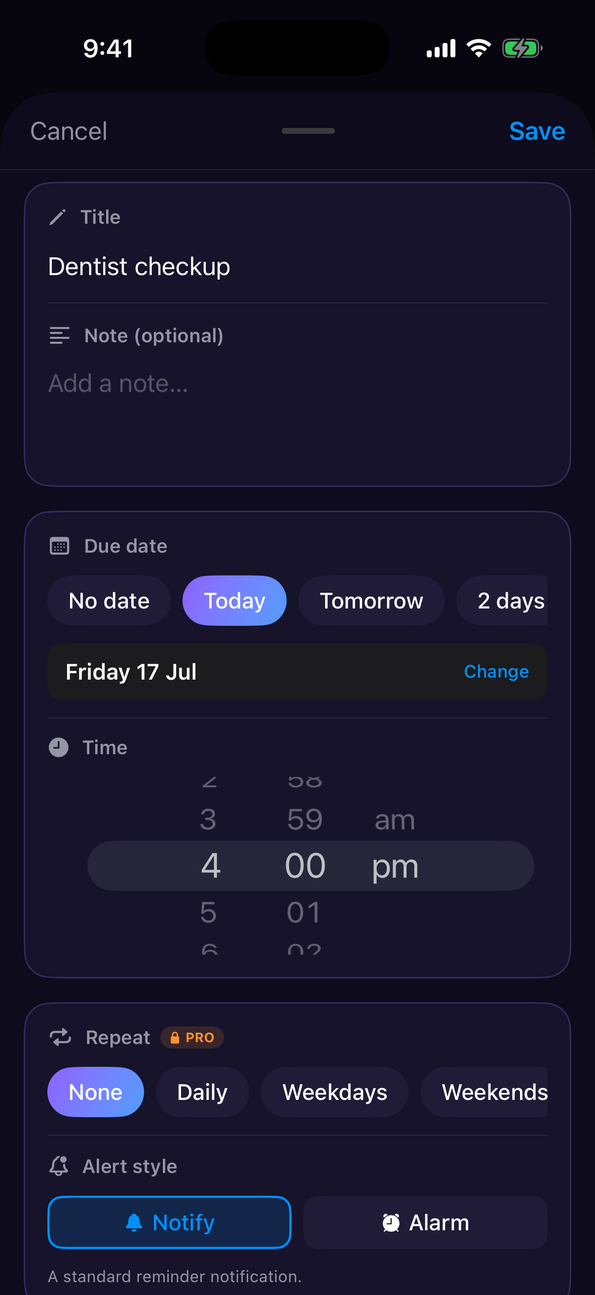 SpeakDo task editor: due-date pills with Today selected, time wheel set to 4:00 pm, and Repeat presets with Notify or Alarm alert styles