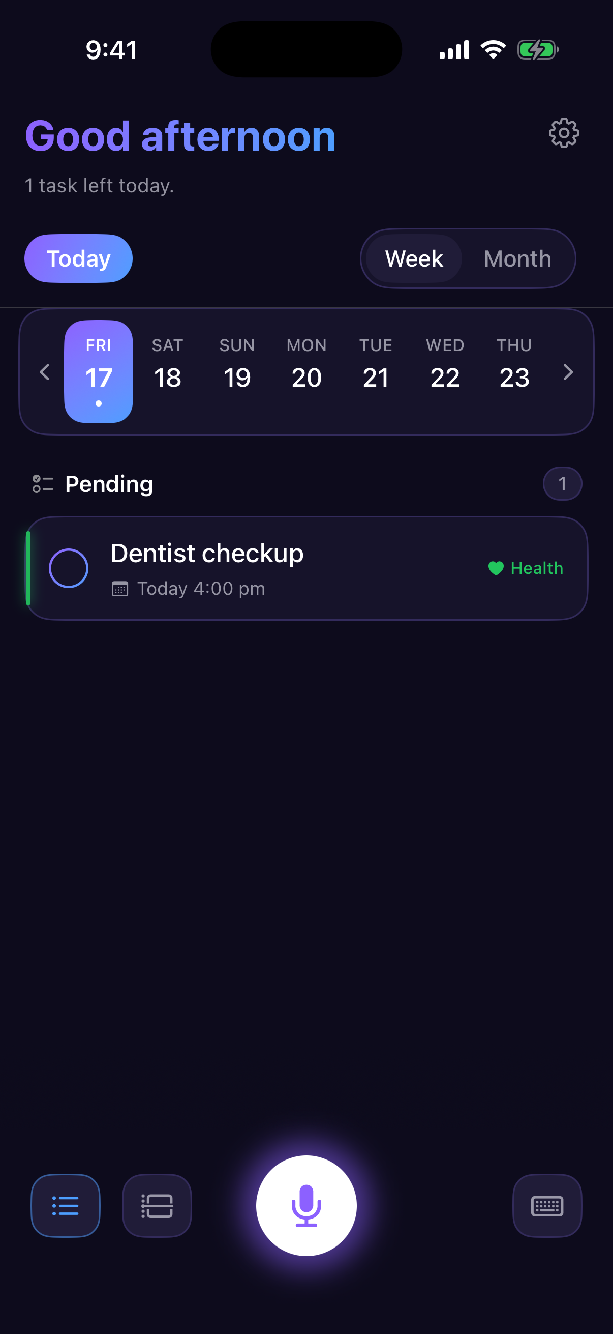 SpeakDo home screen: greeting, week strip, and a task called Dentist checkup scheduled for today at 2 pm