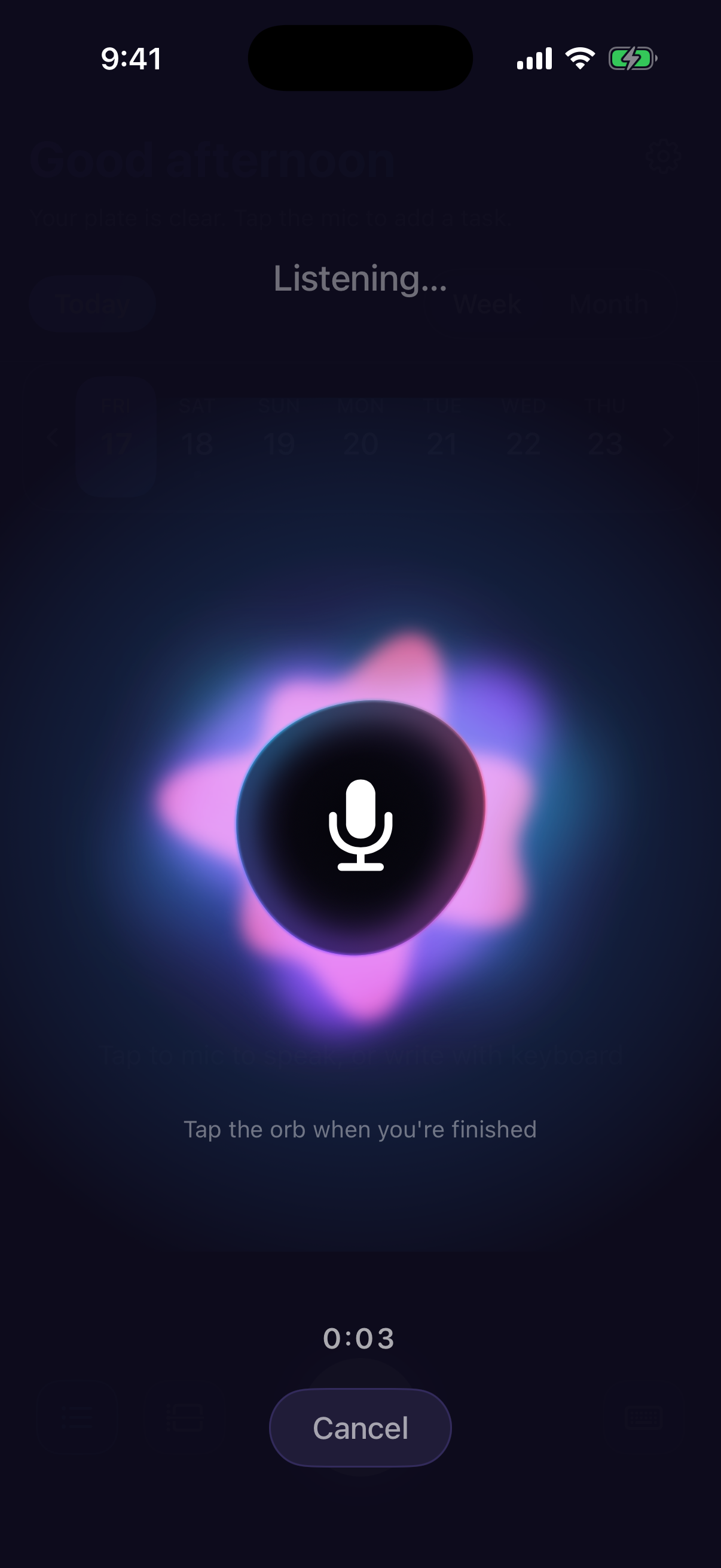 SpeakDo recording screen: a glowing liquid orb with a microphone, live Listening state, and Cancel / Done controls