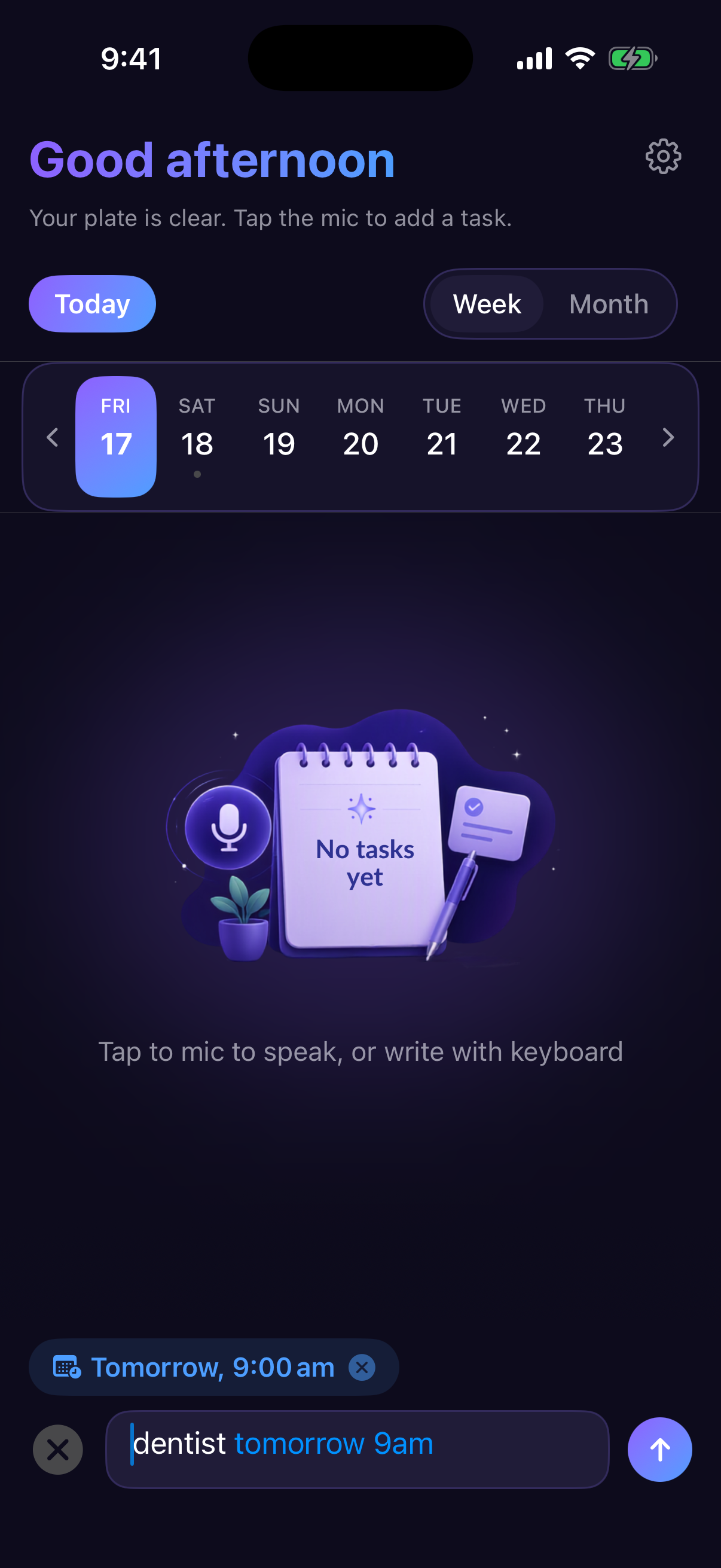 SpeakDo quick-add bar with 'dentist tomorrow 9am' typed; 'tomorrow 9am' is highlighted blue and a chip reads Tomorrow, 9:00 am